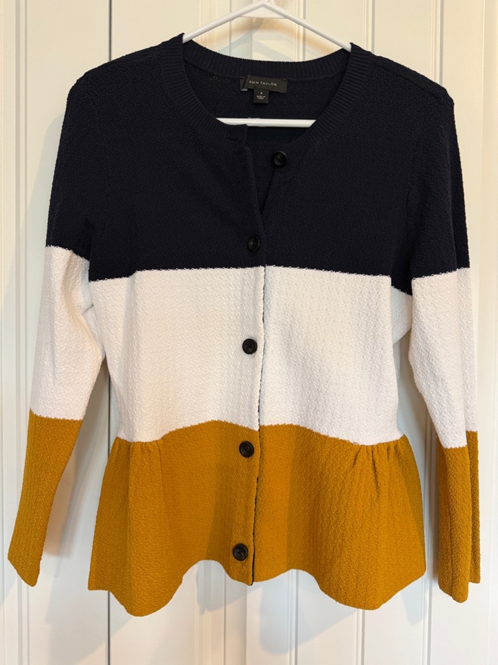 Ann Taylor Colorblock Peplum Cardigan - Navy, White & Mustard NWOT
